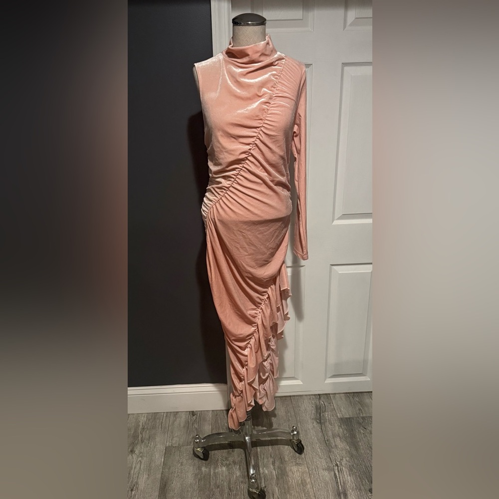 Blush Pink Velour Asymmetric Ruched Maxi Dress